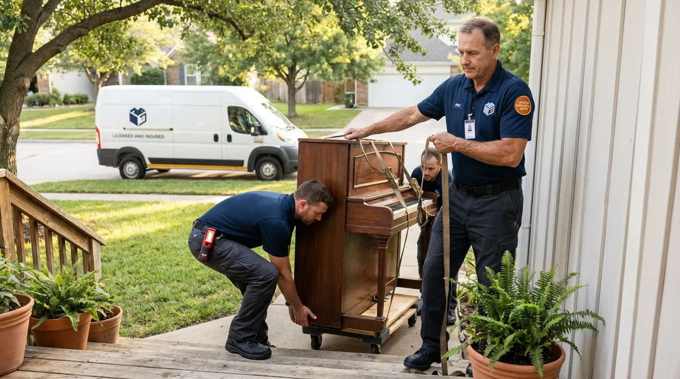 Licensed piano movers securing grand piano in Wapello, IA