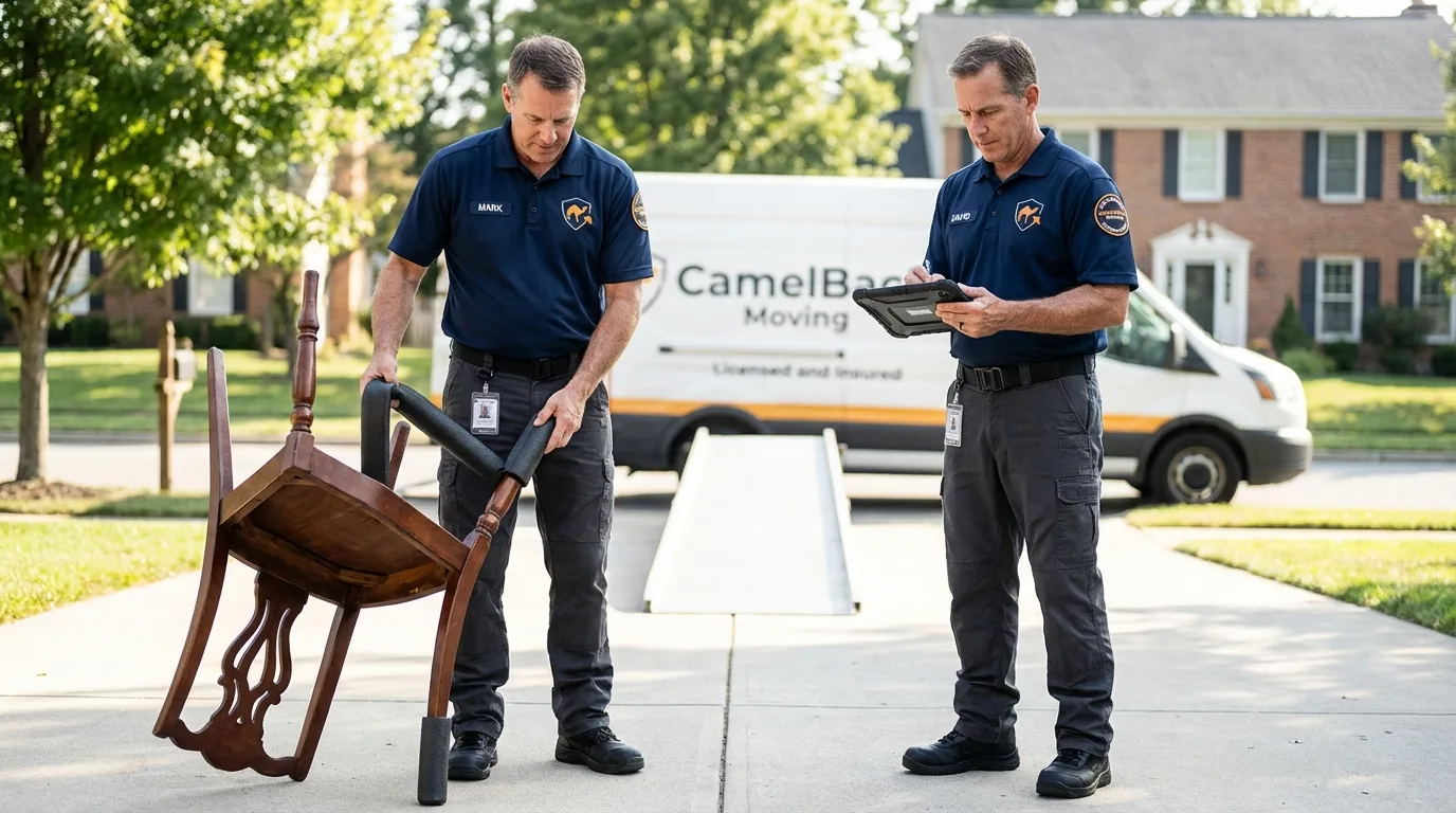 Movers inspecting furniture for damage prevention before loading in Wapello, IA
