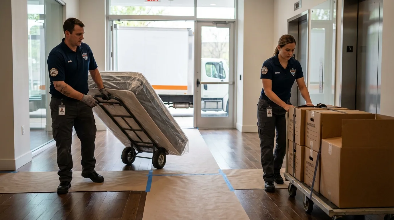 Professional apartment movers loading elevator in Wapello, IA