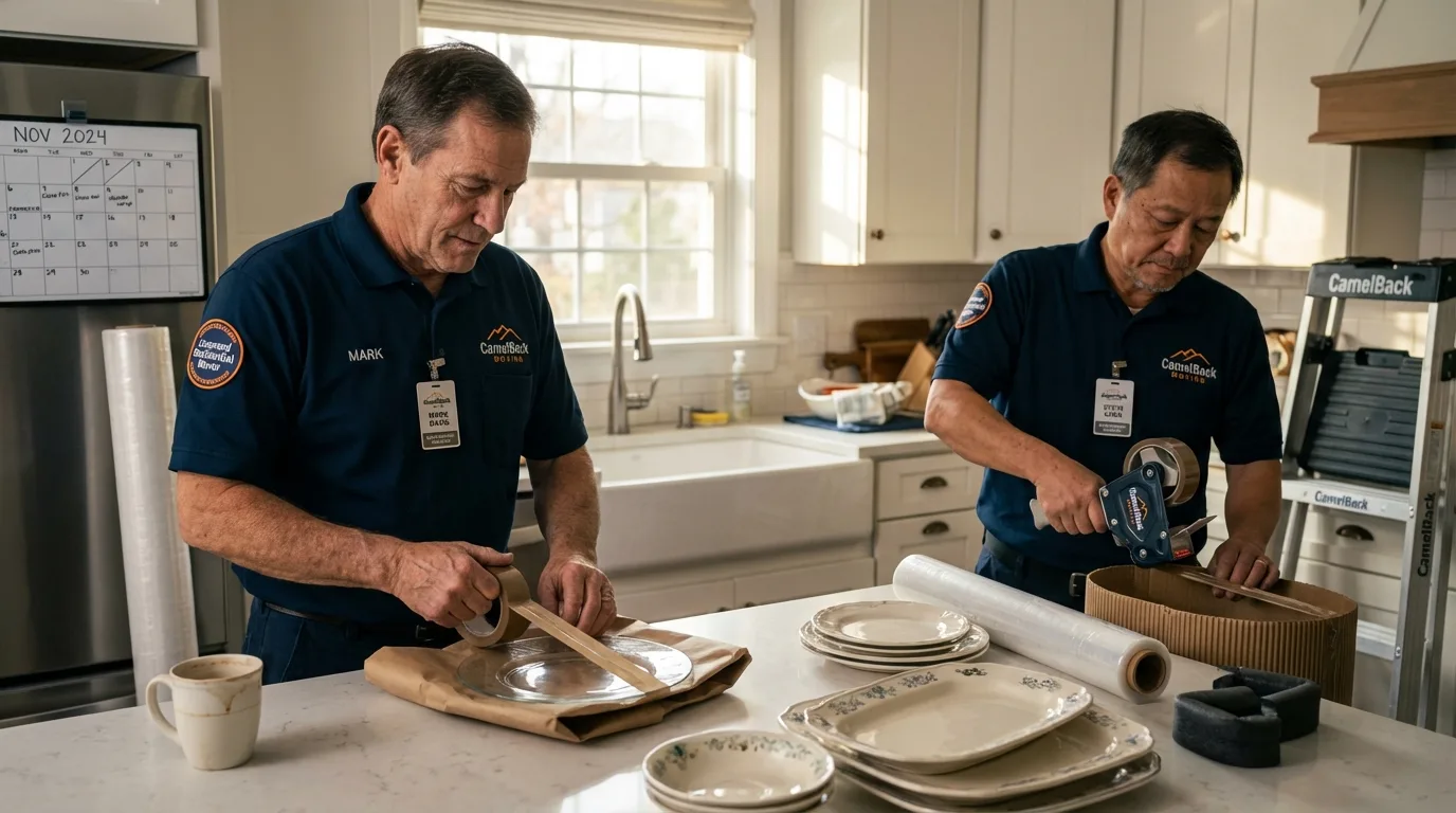 Professional crew packing kitchen dishware in Wapello, IA